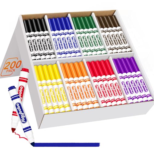 Aigybobo 200 Count Washable Markers Bulk, 8 Assorted Colors, Broad Line Conical Tip Coloring Marker for Kids, Markers Bulk Pack for Classroom, School Art Supplies & Back to School Supplies