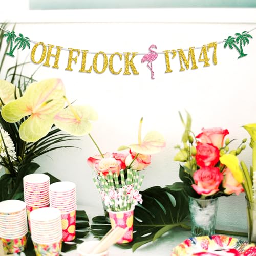 Image of Oh Flock I'm 47 Banner, Glitter Happy 47th Birthday Anniversary Party Decorations, Pineapple Celebration Decor, Hawaiian Luau Tropical Aloha 47 Theme Party Photo Props