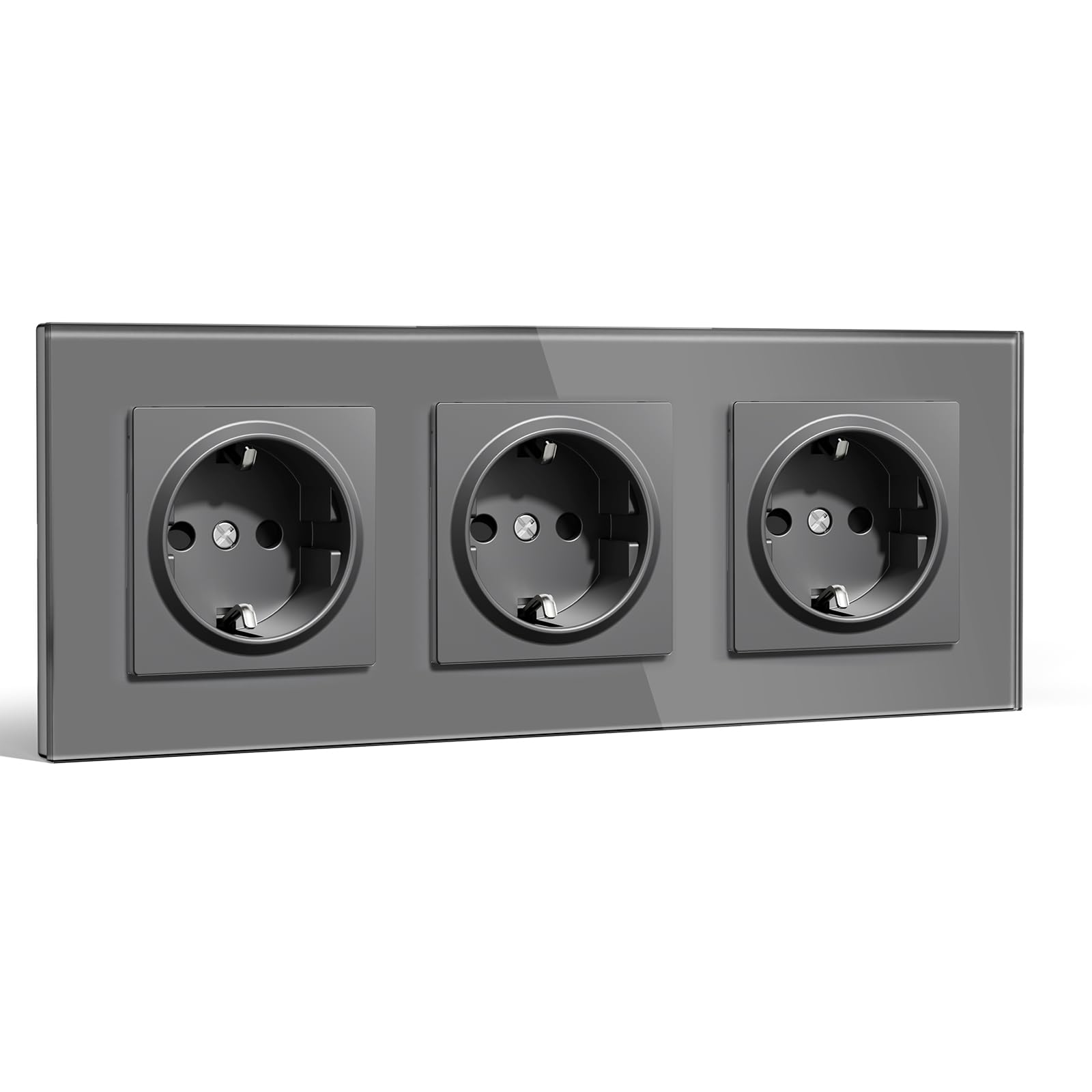 BSEEDLIFE Schuko Steckdose Unterputz EU Standard, 86 * 228mm Wandsteckdose 16A mit Glasrahmen, Einfach Installation, Klappkrallen, Typ F Steckdose mit Erdung，3-Fach Grau
