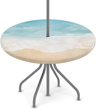 Seawater Round Outdoor Tablecloth with Umbrella Hole, Round Fitted Tablecloths with Elastic Zippered Tablecovers 45"-56" Waterproof Umbrella Tablecloths Round Elastic Table Cover