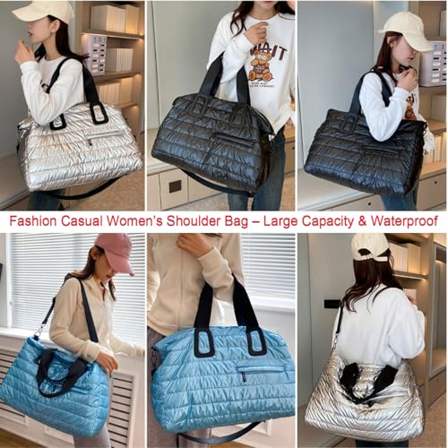 Fashion Casual Women’s Shoulder Bag – Large Capacity & Waterproof Lightweight Quilted Puffer Tote Bag for Women (Blue)2