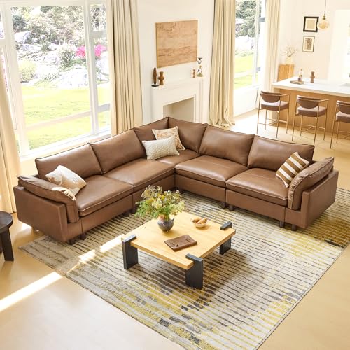 Image of CHITA 118 inch Super Large Sectional Couches for Living Room, Modular Cloud Couch Sectional Sofa, Premium Genuine Leather Sofa, Down Filled, High Density Foam, Real Leather in Saddle, 5 Seat Corner Couch