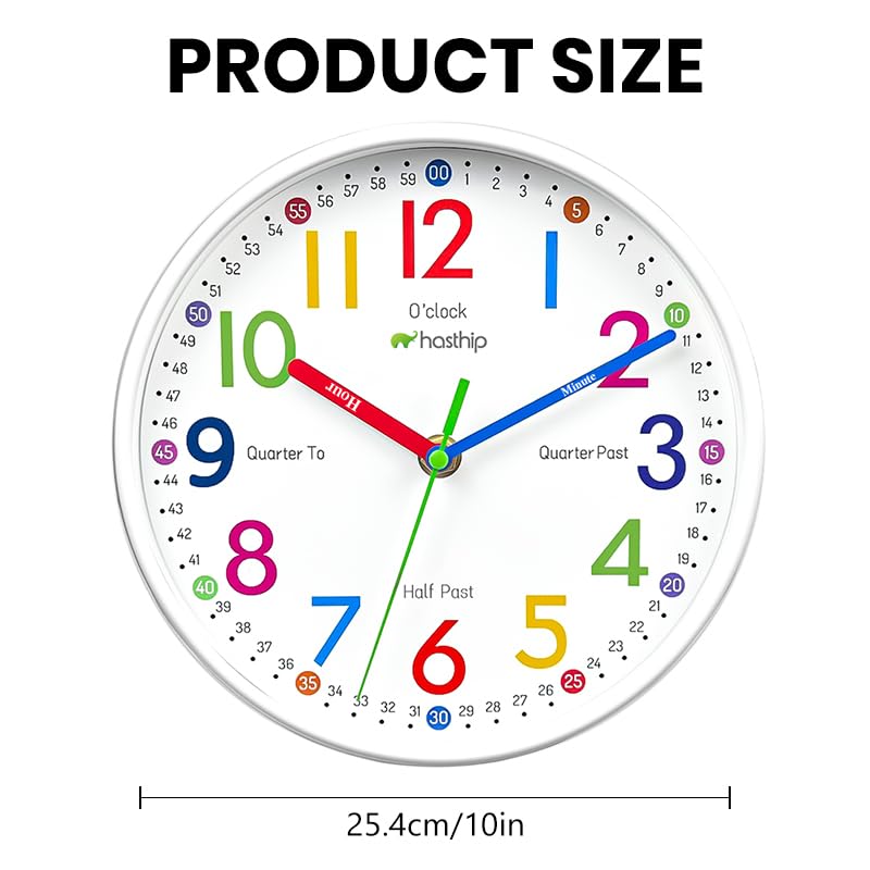 Image of HASTHIP 10 inch Silent Kids Wall Clock Non Ticking, Battery-Powered