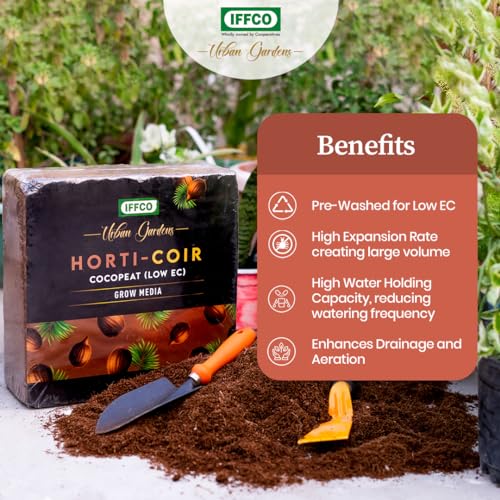 Image of IFFCO Urban Gardens - Cocopeat Expand 5kg Upto 75 litres - Low EC Cocopeat Block for Plants & Home Garden - Export Quality Natural Coconut Coir Fibre with Neutral pH.