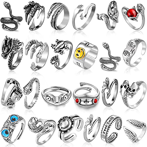 Hicarer 24 Pieces Gothic Rings Set Adjustable Open Rings Vintage Animal Frog Snake Open Rings Cool Punk Gothic Stackable Ring Jewelry for Couples Men Women Girls Boys (Classic Style)
