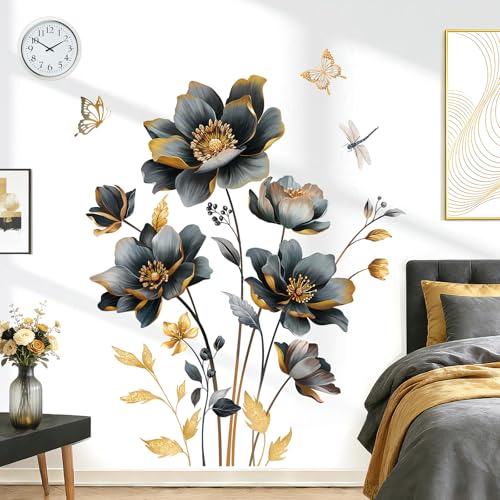 wondever Stickers Muraux Fleurs Noir Grand Autocollants Muraux Mural Stickers Floral Papillons Feuilles Doré Plante pour Salon Chambre à Coucher Bureau