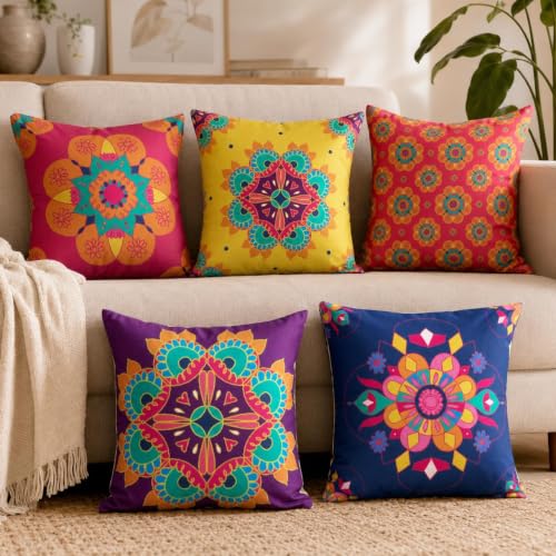Image of Decorative Satin Sofa Cushion Covers Set of 5, 16 x 16 Inches, Multicolor Floral Printed Pillow Covers for Living Room, Bedroom, Couch & Sofa, Soft Glossy Fabric, Zipper Closure