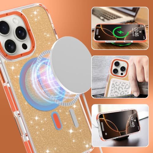 Image of Magnetic Case for iPhone 16 Pro Max [Compatible with Magsafe] [Bling Glitter Fluorescent Design] [1 Screen Protector] Slim Translucent Matte Case for iPhone 16 Pro Max 6.9 inch 2024, Orange