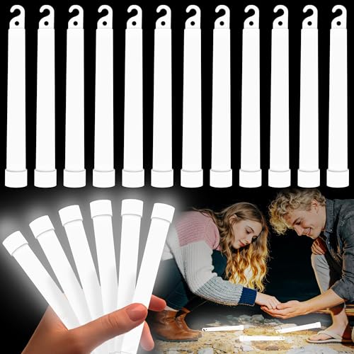 12 pk White Ultra Bright Glow Sticks Bulk Glow in the Dark 6 inch Emergency Light Stick Vibrant Colors Light Up Sticks for Hurricane Supplies Camping Survival fishing 4th of July Party (White)