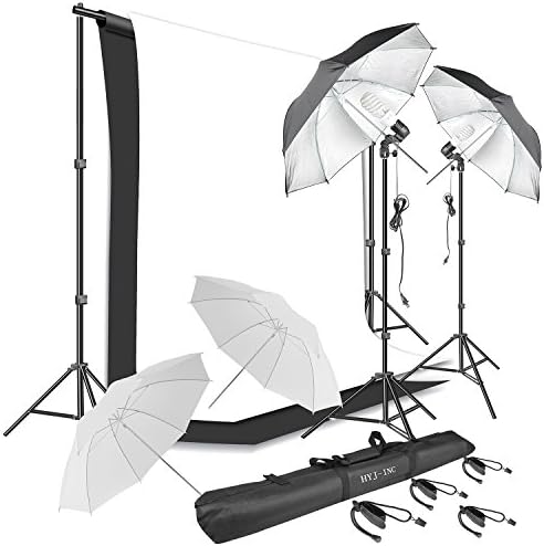 HYJ-INC Photography Umbrella Continuous Lighting Kit,Muslin Backdrop Kit(White Black), Backdrop Clips Clamp,10ft Photo Background Photography Stand System for Photo Video Studio Shooting