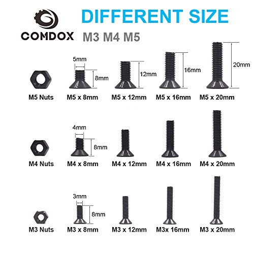 Comdox 500pcs Alloy Steel Socket Cap Screws Hex Head Bolt Nuts Assortment Kit with Box, M3 M4 M5 Thread Size, Black Oxide Finish (Flat Head)