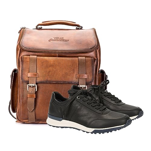 VELEZ 8 Mens Black Business Casual Sneakers + Full Grain Leather Backpack for Men Tan Designer Bookbag Business Casual Shoulder Bag