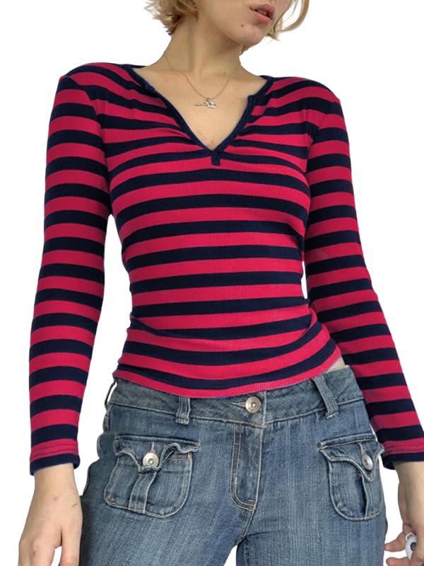 Image of Women Off Shoulder Striped Long Sleeve Top 2026 Fall Going Out Tee Shirts