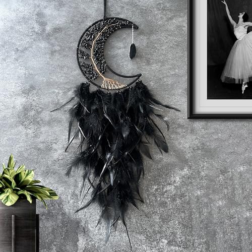 Moon Dream Catchers with Chakra Gemstone Agate Stone, Crystal Tree Life Dream Catchers Wall Hangings Room Decor (Black)