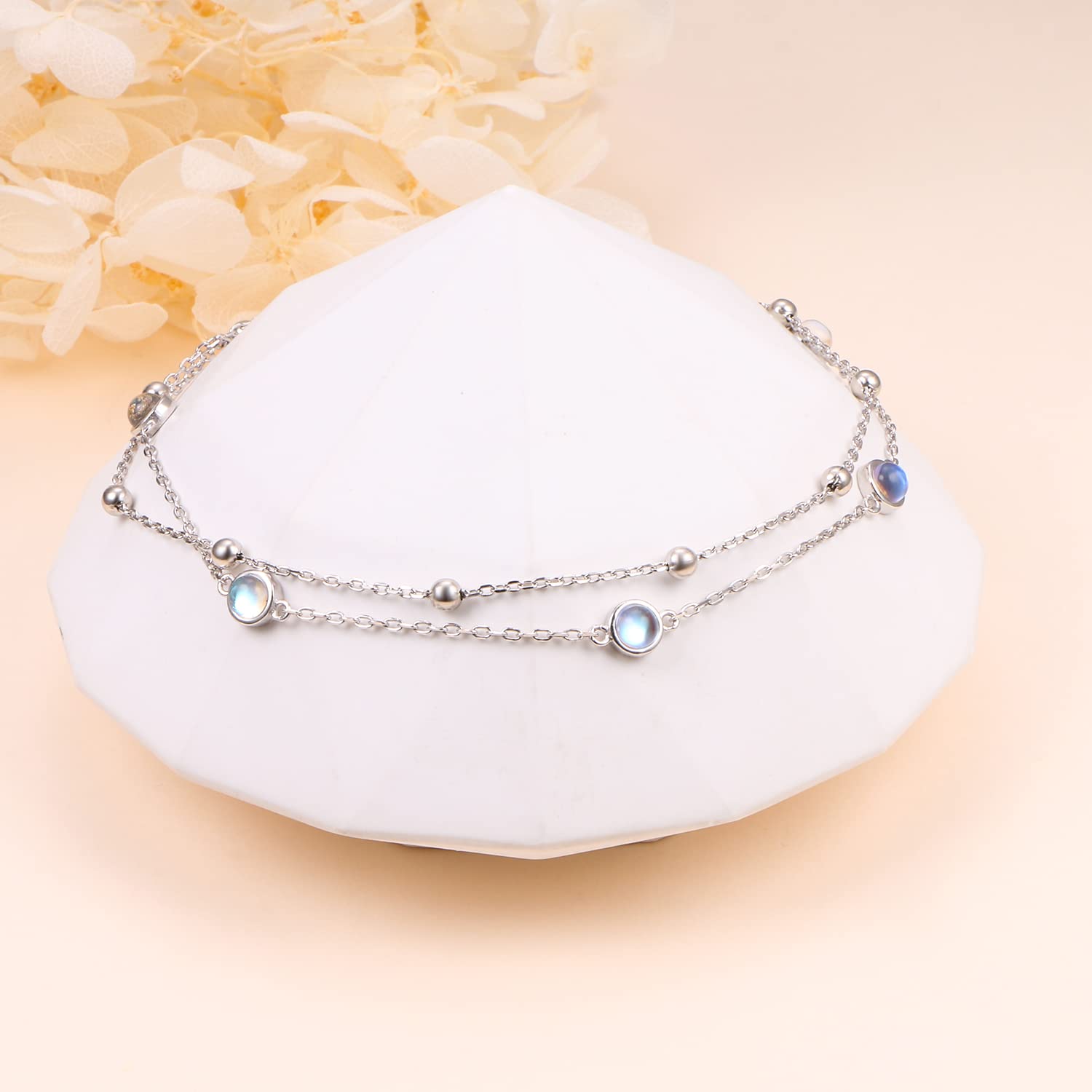 Fußkettchen für Damen Silber 925 Verstellbar Mondstein Fußkette Mehrlagig Unendlichkeits herz/Böses Auge Fussketten für Frauen Doppel Anklets Strand Schmuck