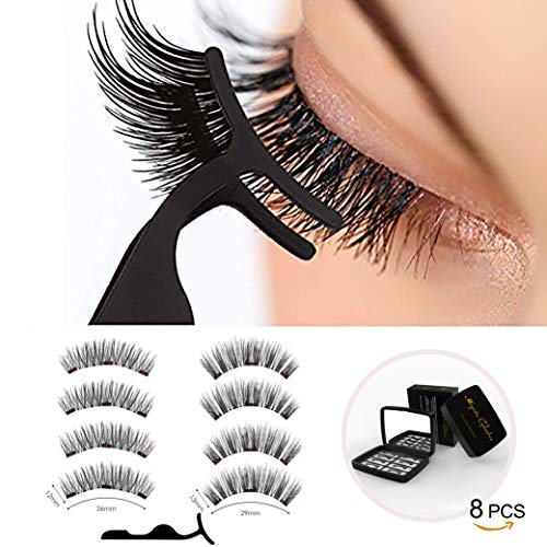 3D Magnetic Eyelashes Full Eyes No Glue 2 Pairs(8 pcs), Reusable Fake Magnetic Eyelashes with Tweezers and Mirror, Light weight Easy to Wear, 2 styles eyelashes in one black case