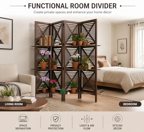 Image of Wooden Room Divider 6 Feet, 4-Panel Folding Wooden Partition for Living Room, Office, Pooja Room, Restaurant, Kitchen & Balcony (2W x 1.82H Meters). (Coffee-Shelves)