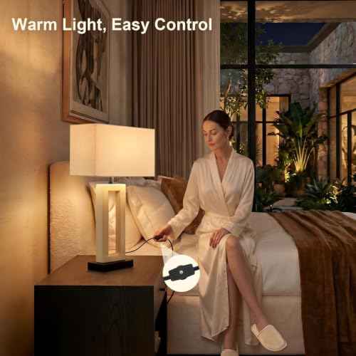Image of 22 inch Modern Ceramic Table Lamps Set of 2, Cream Crackle Glaze Hollow Bedside Lamps with Linen Shade, 5ft Cord Rotary Switch E26 Base Nightstand Lamps for Bedroom Living Room Entryway Decor