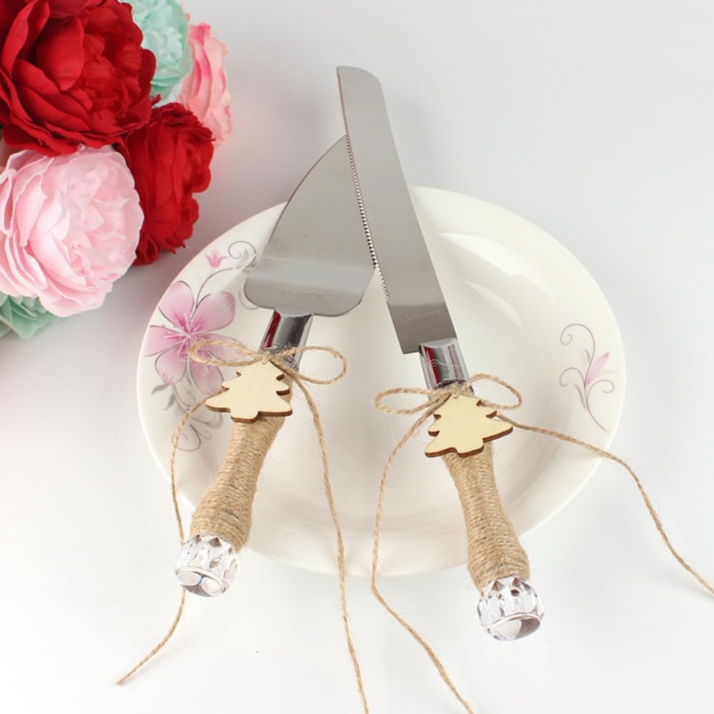 2 Pieces Handmade Hemp Rope Pendant Wedding Cake Knife and Shovel Server Set Wedding Props Wedding Souvenirs and Gifts (E)