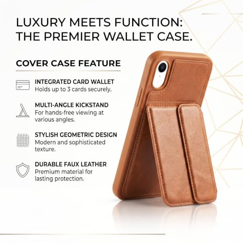 Image of amazon basics Luxury Vegan Leather Back Cover for iPhone XR | Built-in Card Holder Slot | Integrated Mobile Stand | Slim Shockproof Protective Case with Stitched Finish - Tan