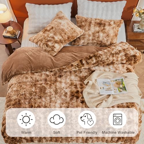 Image of EMME Faux Fur Duvet Cover Queen Size, 3 Pieces Ultra Soft Fluffy Comforter Cover, Cozy Warm for Winter, Luxury Shaggy Bubble Design Bedding, 1 Duvet Cover & 2 Pillow Shams (Queen, Tie Dye Taupe)