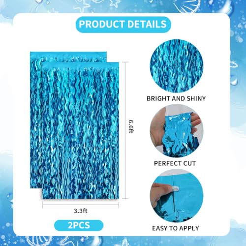 Image of TONIFUL Teal Blue Wavy Foil Fringe Curtains 2 Packs 3.3 x 6.6 ft Metallic Tinsel Door Streamers Backdrop for Baby Shower Bachelorette Beach Themed Birthday Ocean Under The Sea Party Decorations