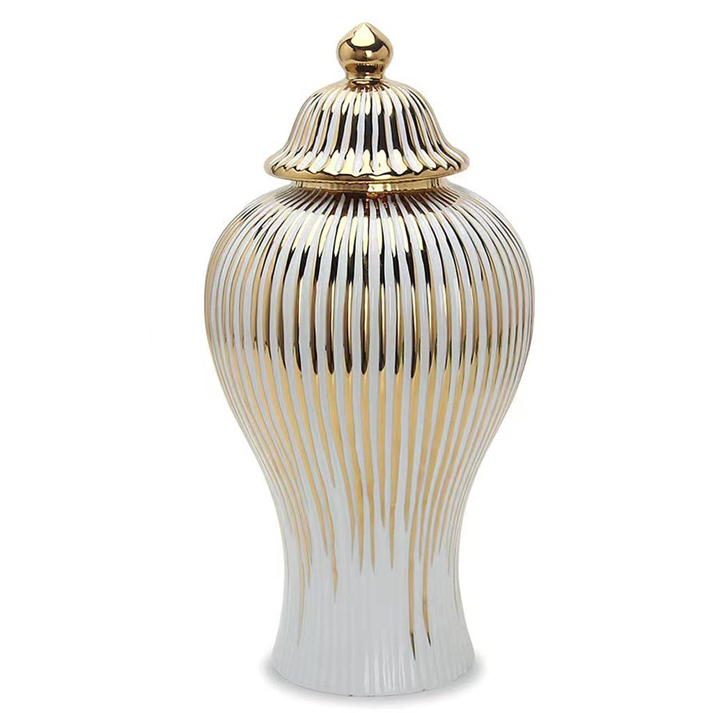 Jenek White Modern Ceramic Ginger Jar Vase With Lid, Porcelain Temple Jars Centerpiece Floral Arrangement Vase Table Flowerpot Living Room Home Decor, Gold (Size : M)