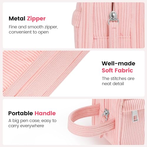 Image of Sooez High Capacity Pencil Case, Soft Corduroy Pencil Pouch with 4 Compartments, Multiple Pockets, Large Pencil Bag with Sturdy Zipper, Cute Pencil Case Pouch Organizer for Student Teen Girls, Pink