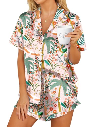 Image of HOTOUCH Womens Satin Pajamas Set Button Down 2 Piece Silk Pjs Shorts Set Ruffle Lingerie Notch Collar Sleepwear