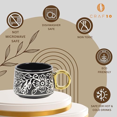 Image of CRAF10 Ceramic Handpainted with Brush Black Desire Gold Tea Morning Set - 1 Kettle (1 Litre) & 6 Cups (160 ML) | Dishwasher Safe | Teapot | Tea Sets with Kettle for Gifting