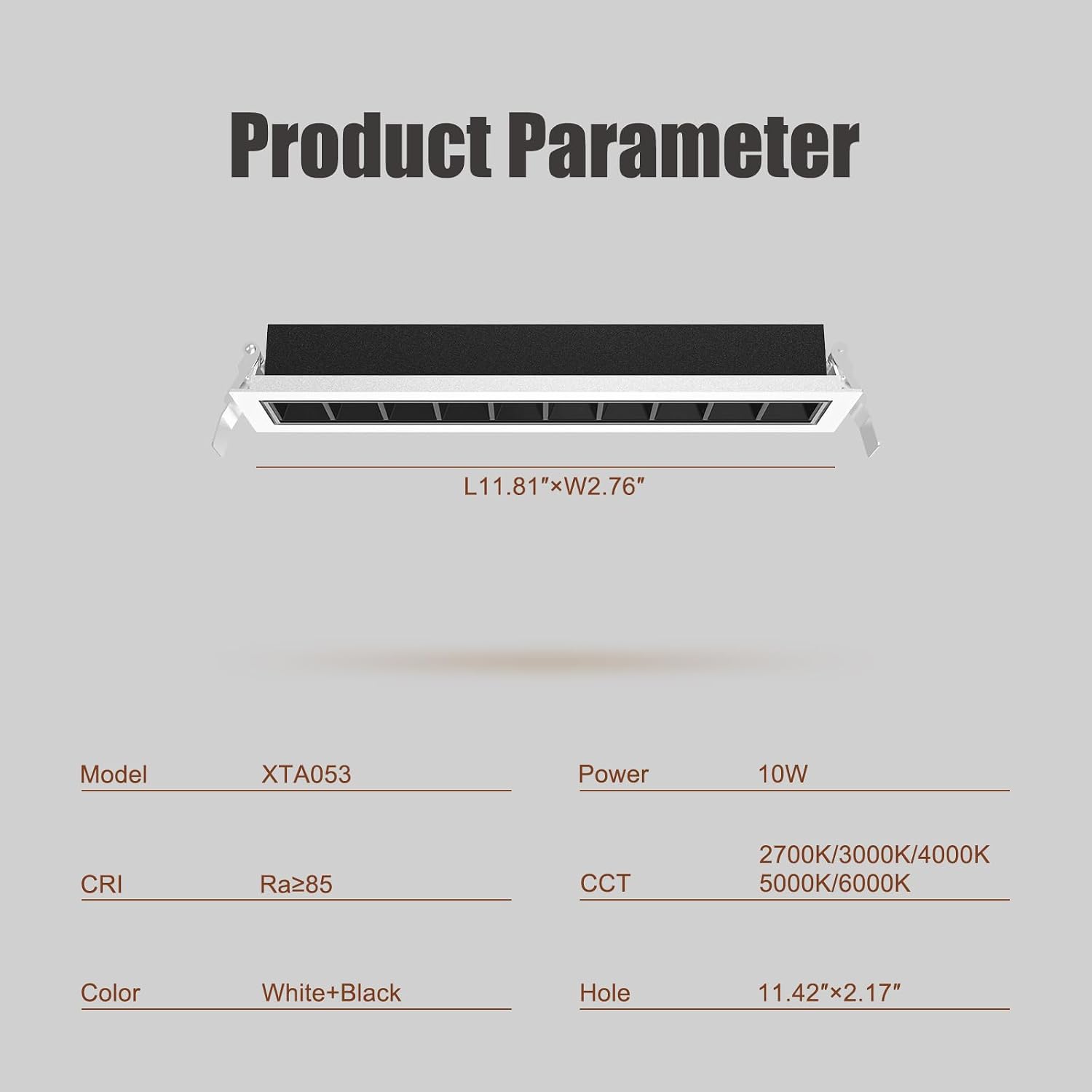 Linear Recessed Light, 10W LED Recessed Ceiling Light | 5CCT Selectable 3000K-6500K, TRIAC Dimmable Architectural Linear Lighting with Junction Box, Aluminum Ceiling Spotlight