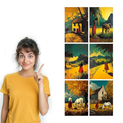 Image of SiddArtify Vintage Landscape Wall Art Prints Set - Woman and Horse Poster Decor for Living Room Bedroom Office - 8x12 inch Board Pack of 6