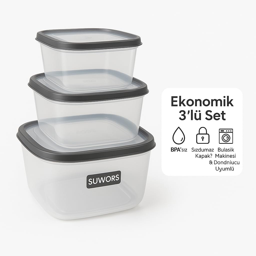 SUWORS 3’lü Sızdırmaz Saklama Kabı Seti | 1600ml + 2800ml + 4600ml | Şeffaf Plastik Yemek Kabı | Gıda Saklama & Mutfak Organizer Kutusu | Mikrodalga ve Buzdolabı Uyumlu