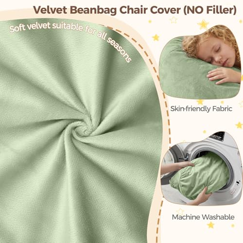 Image of Stuffed Animal Storage Bean Bag Chair Cover for Adults (No Filler), Soft Comfy Velvet Beanbag Chair Cover Machine Washable, Adults Bean Bag Chair with Handle for Living Room Bedroom, Green