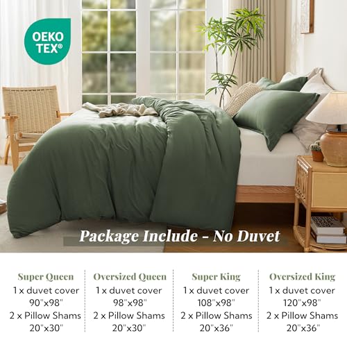 Image of MILDLY Duvet Cover 120 inchx98 inch Ultra Soft Comforter Cover Set 3pcs Olive Green | Washed Microfiber Cotton-Like, Breathable Comfort, Hidden Zipper, 8 Corner Ties, OEKO-TEX Certified, Fade Resistant
