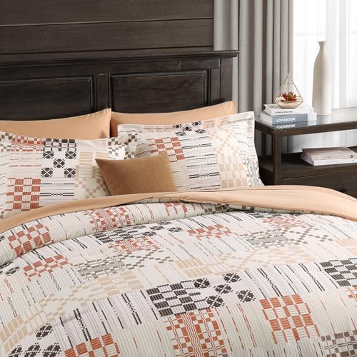Image of MaiReve Queen Comforter Set, Classic Plaid Farmhouse Bedding Sets 7 Pieces, Beige All Season Bed in A Bag with Sheets, Pillowcases & Shams
