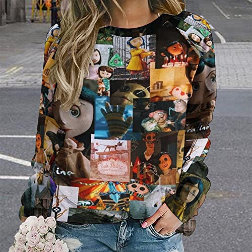 Nikroad Animated Cora'line Movie Sweatshirt Womens Raglan Crew Neck Sweater Stylish Pullover Custom Baseball T Shirt Tops M Style #TOP1