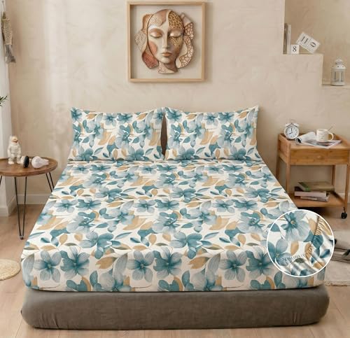 Image of VAS COLLECTIONS Cloud Cotton Corner Elastic Fitted Double Bedsheet Set (78 x 72 + 8 Inches) with 2 Pillow Covers | 160-180 TC Soft Breathable Cotton Fitted Sheet | Bed Sheet (Blue Petal Garden)