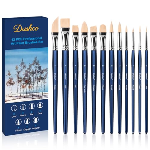 Artist Paint Brushes Set, 12 Pcs Watercolor Brushes Professional, Water Color Brushes - Round, Flat,