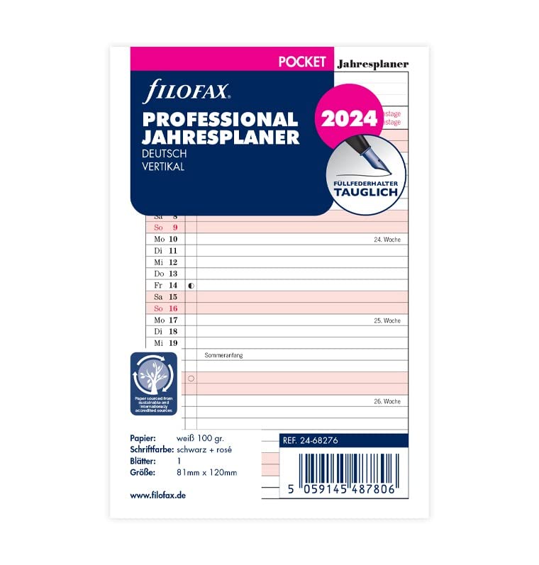 Filofax Pocket Professional Year Planner (German) 2024, white/pink