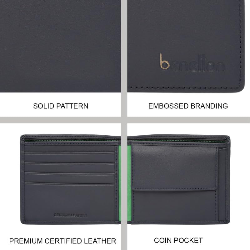 Image of United Colors of Benetton Men's Genuine Leather Global Coin Wallet Gweru - Navy | Slim Bifold with Secure Coin Pouch, 2 Compartments 4 Card Slots | Stylish Purse of Gents