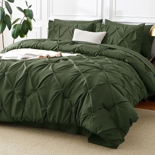 CozyLux King Size Comforter Set Olive Green 7 Pieces Pintuck Bed in A Bag All Season Comforter King Size Bed Set Gift for Family Pinch Pleat Bedding Set with Comforter Sheets Pillowcases & Shams