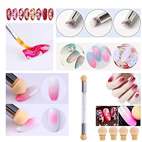 Jerclity 5Pcs Acrylic Ombre Nail Brush Set Wooden Gel Builder Ombre Brush For Nails Double Head Nail Sponges For Ombre Pen With 4 Sponge Heads Nail Pens For Nail Art #TOP1