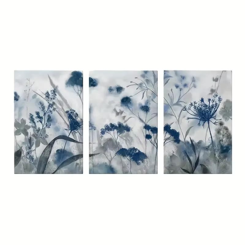 Tableaux sur toile bleu-gris haut de gamme, impressionnisme floral encadré 40x50 cm de salon