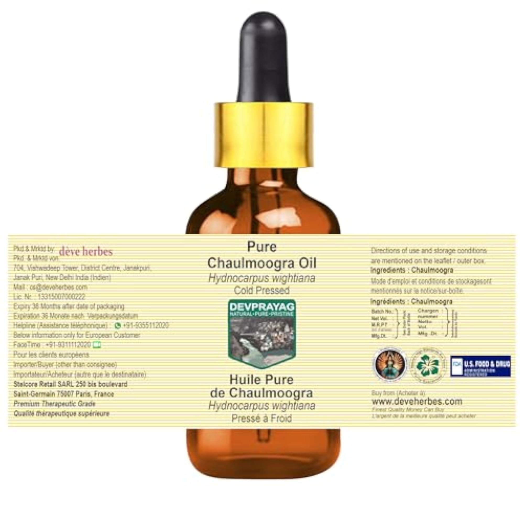 Pure Chaulmoogra Oil with Glass Dropper, Cold Pressed