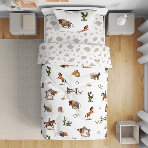 Image of Sweet Jojo Designs Western Cowboy Boy Toddler Bedding Set Kid Children 5p Bed in a Bag Comforter Blanket Pillowcase Sham Sheets Wild West Cow Print Southern Charm Country South Horse Steer Farm Animal