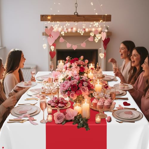 Image of Smiry Plastic Table Cloth Disposable 3 Pack, 54 x 108 Inch Rectangle Waterproof Tablecloth, Printed Gold Table Runner Style for Birthday Weeding, Party Decorations, Leakproof & Sturdy, White and Red