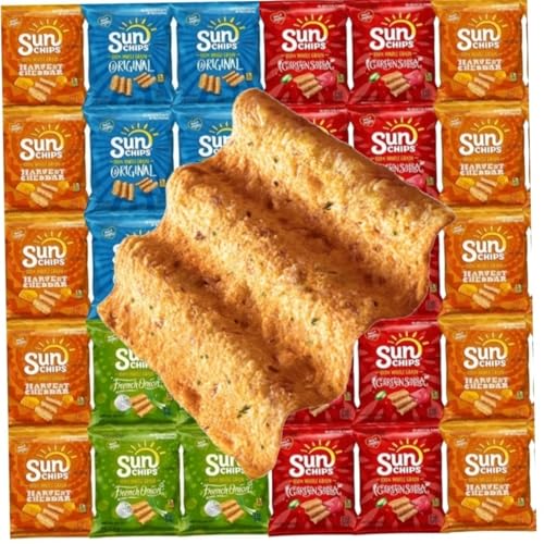 Sun-Chips Multigrain Variety Pack (30 Count) – 100% Whole Grain Chips with Harvest Cheddar, Garden Salsa, Original & French Onion – 1.5 oz Custom Bundled by MOOCHI