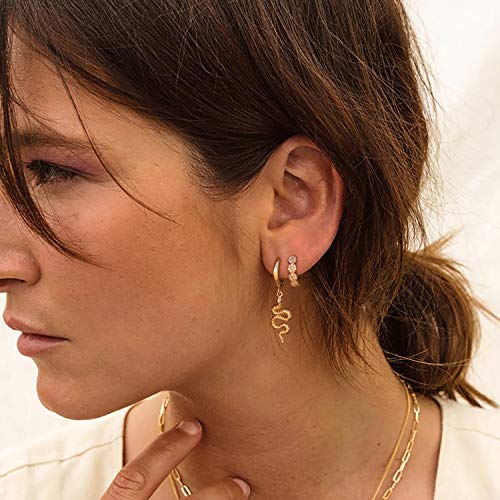 Myears Women Snake Earrings Gold Huggie Hoop Serpent Diamond Cubic Zirconia Dangle Drop 14K Gold Filled Small Boho Simple Delicate Hypoallergenic Animal Jewelry Gift #TOP1