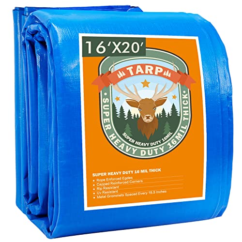 Blue Tarp, Tarps Heavy Duty Waterproof 16x20, Waterproof Plastic Poly 16 Mil Thick Tarpaulin with Metal Grommets Every 19.5 Inches - Emergency Rain Shelter, Outdoor Cover, and Camping Use